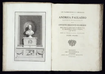Pagina del titolo di Le Fabbriche e i Disegni di Andrea Palladio con un ritratto dell